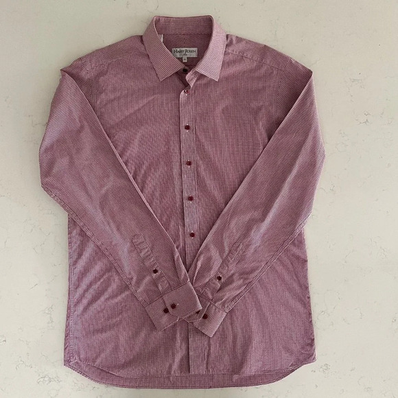 Harry Rosen Slim Lg Slv Button Down 100% Cotton Check Shirt Red + White Sz 16.5 - Picture 1 of 13